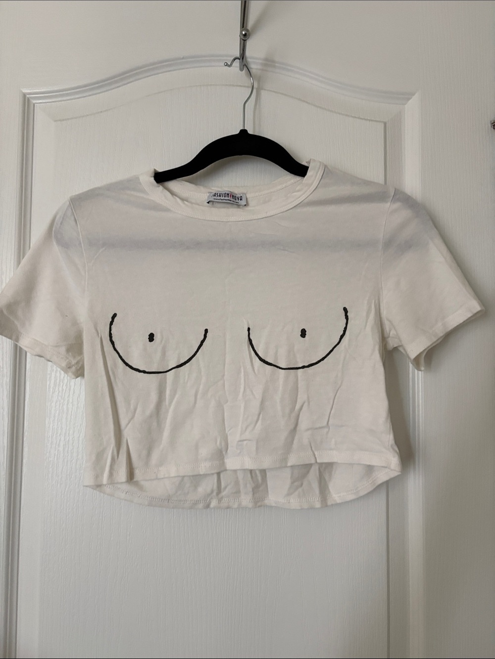 White Graphic Cropped Tee with Minimalist Line Art